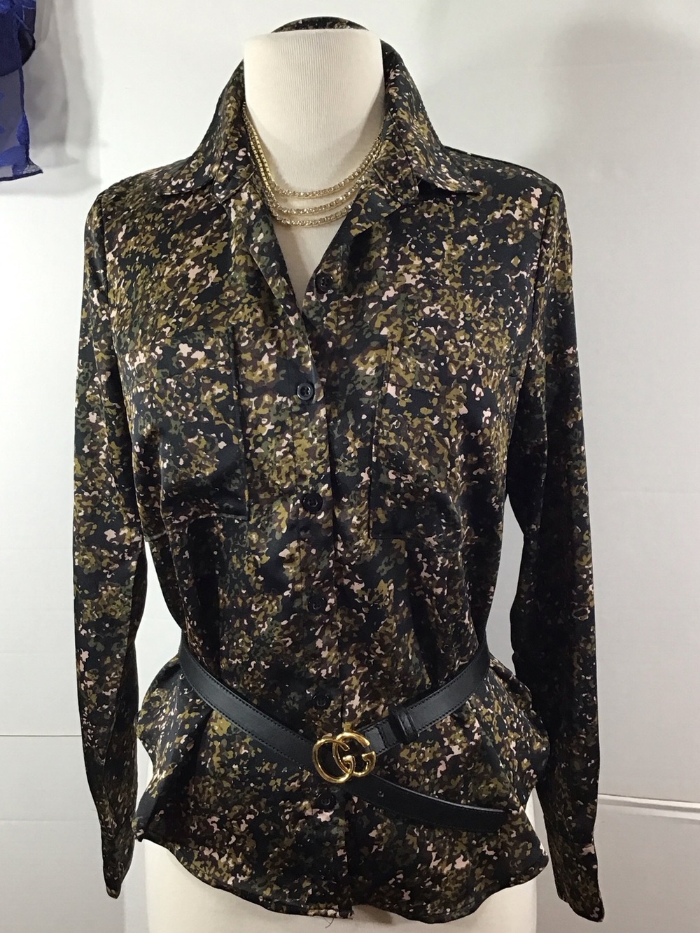 Evereve Sasha satin Olive Multi Print Button-Down Shirt